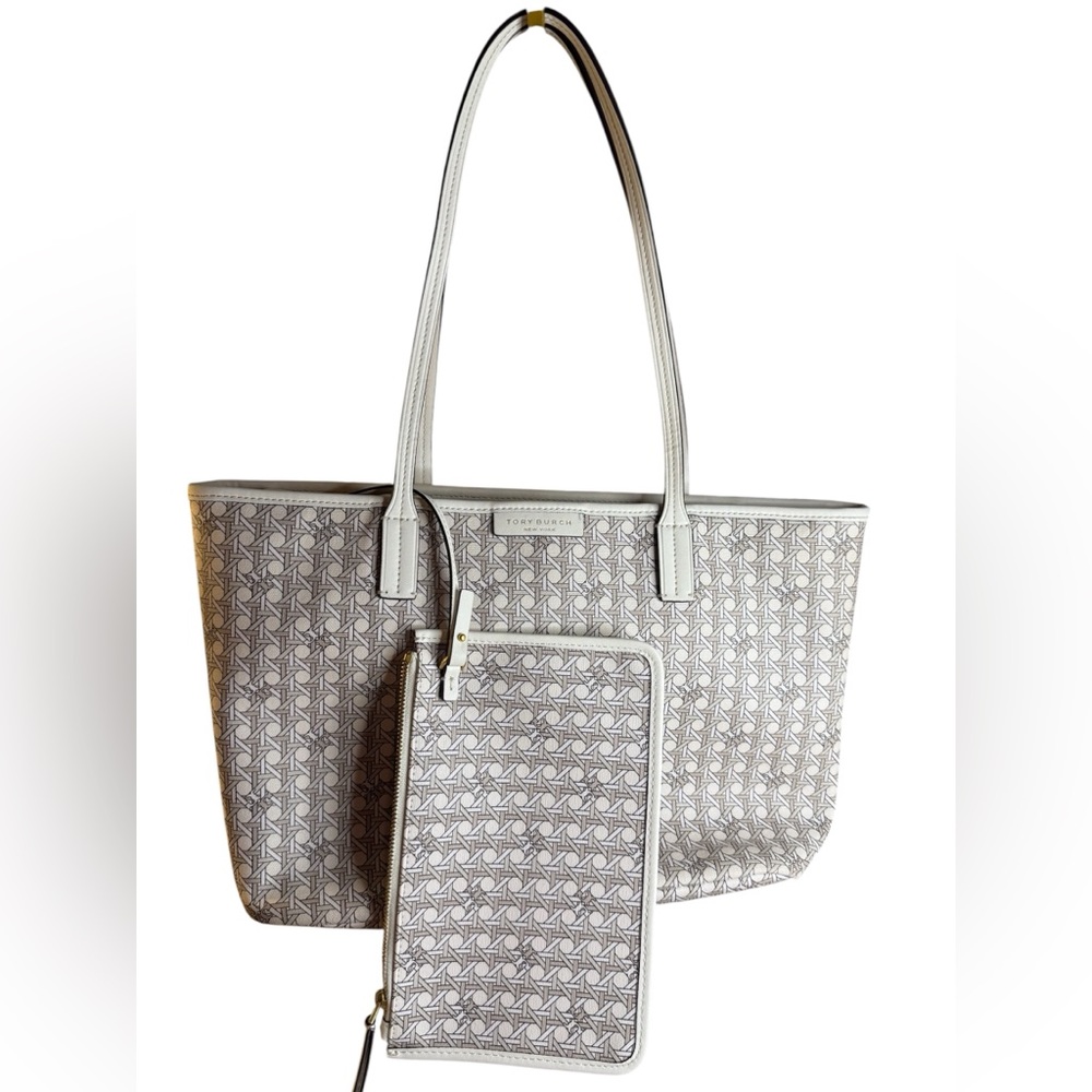 Tory Burch Beige Monogram Tote with Matching Wristlet